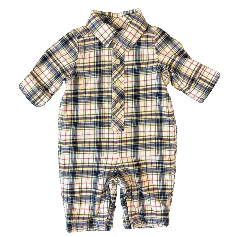 Vintage Baby Gap 0/3 Months Plaid Romper Jersey Lined Coverall Outfit Button Up‎